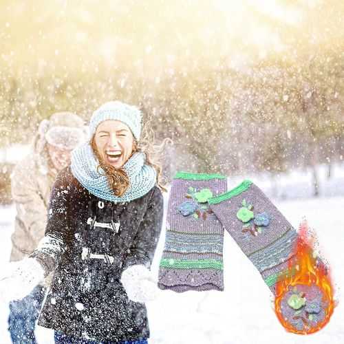 Gants Chauds Et Décontractés En Tricot À Fleurs Pour Femmes, Chauffe-Mains, Mitaines Tricotées À Manches Mi-Longues, À Fleurs Et En Laine, Hiver