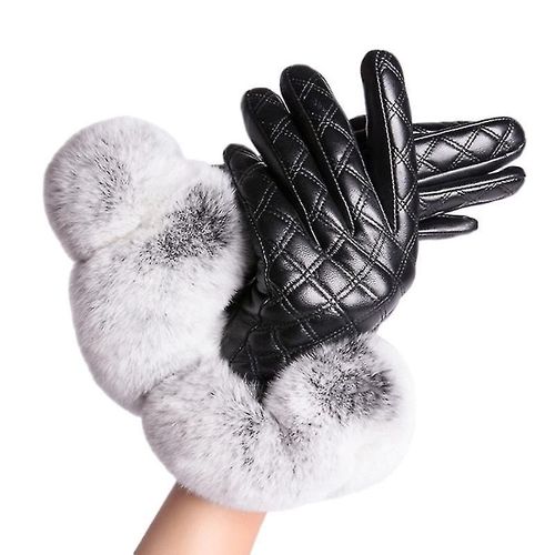 Gants Chauds En Peau De Mouton Véritable Pour Femmes, Gants D'hiver, Mitaines Doublées De Polaire Pour Écran Tactile Avec Poignets En Fourrure De Lapin, Treillis Diamant M