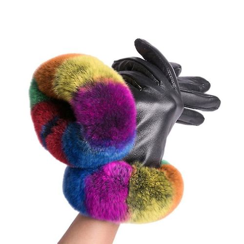 Gants Chauds En Peau De Mouton Véritable Pour Femmes, Gants D'hiver, Mitaines Doublées En Polaire Pour Écran Tactile Avec Poignets En Fourrure De Lapin M Coloré