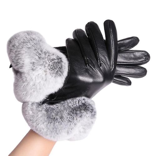 Gants Chauds En Peau De Mouton Véritable Pour Femmes, Gants D'hiver, Mitaines Doublées En Polaire Pour Écran Tactile Avec Poignets En Fourrure De Lapin M Noir