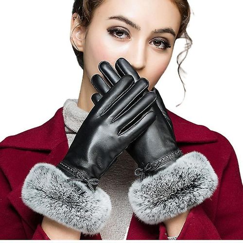 Gants Chauds En Peau De Mouton Véritable Pour Femmes, Gants D'hiver, Mitaines Doublées En Polaire Pour Écran Tactile Avec Poignets En Fourrure De Lapin, Décoration Avec N¿Ud L