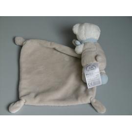 V20. DOUDOU PELUCHE MOTS D'ENFANT OURS BLANC GRIS BEIGE BLEU