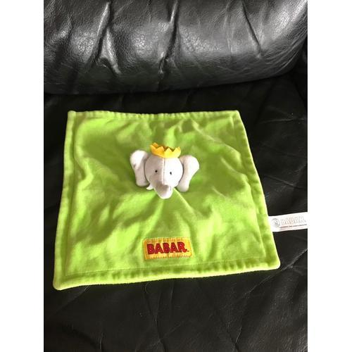 Doudou Plat Éléphant Babar Lansay Vert 26 Cm