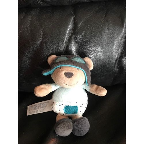 Doudou Peluche  Ours Aviateur  Lazare  Beige Bleu Gris ... Sauthon 12cm