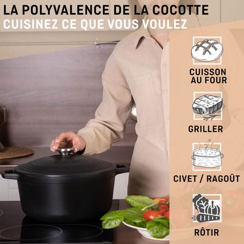 Cocotte En Fonte Ronde Noir Veohome - Marmite Compatible Induction - Faitout 6 Litres - Diamètre 28cm
