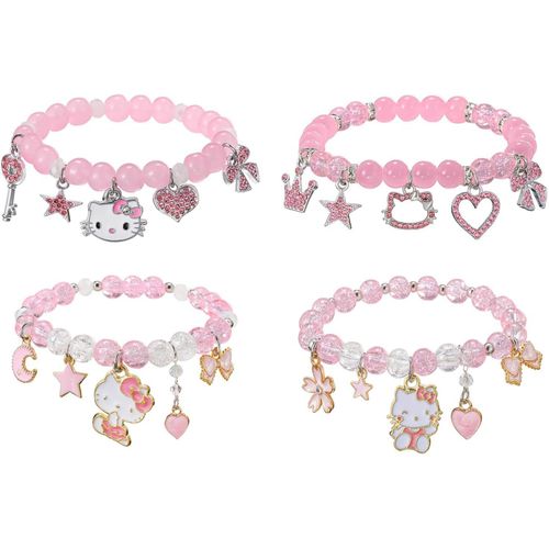 Set De 4 Bracelets Anime,Bracelet Magnetique Femme,Bracelets D'amitié Magnifiques Avec Charms C?ur N?ud Étoile Couronne, Bracelets Élastiques En Cristal Rose,Bijoux D'anniversaire Pour Meilleure Amie