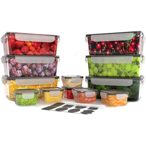 CARAMONT–36 Pièces Ensemble de Boîtes Alimentaire Frais(18 récipient,18 couvercle) 100% Étanche,adaptés au micro ondes,Congélateur,Lave Vaisselle Sans BPA,Étiquettes, Marqueur,6 boîte de sauces inclus