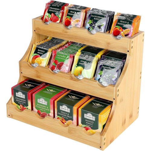 Kgabery-Étagère Verticale De Rangement En Bambou Pour Sachets De Thé,12 Compartiments Ajustables-Boîte À Thé À Trois Étages En Bois Pour Sachets De Thé,Café,Sucre Et Bâtonnets À Mélanger