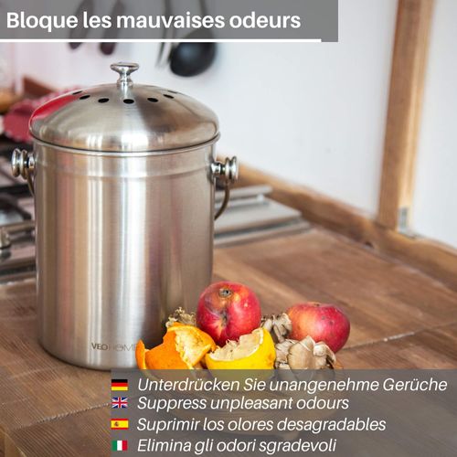 Poubelle à Compost - Seau de cuisine pour déchets organiques VeoHome. Inoxydable, solide, 4,9L, et filtre anti-mauvaise odeur