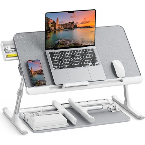 Table De Lit Pour Ordinateur Portable Pliante Réglable En Cuir Pvc Avec Tiroir De Rangement Déflecteur En Silicone Amovible Pour Lit, Canapé, Sol¿Gris¿[Pou6266385]