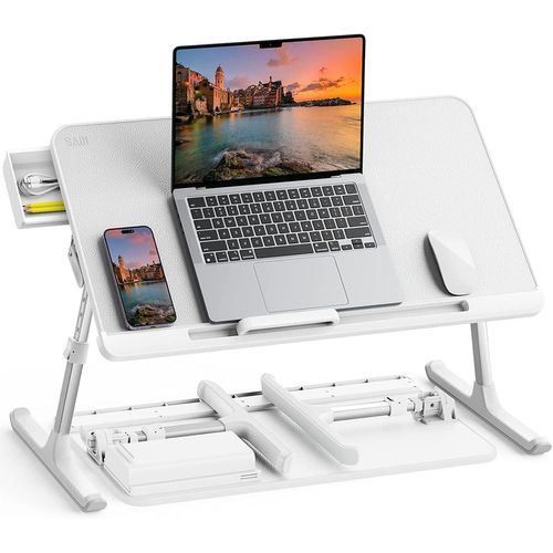 Table De Lit Pour Ordinateur Portable Pliante Réglable En Cuir Pvc Avec Tiroir De Rangement Déflecteur En Silicone Amovible Pour Lit, Canapé, Sol (Blanc)[Pou6266386]