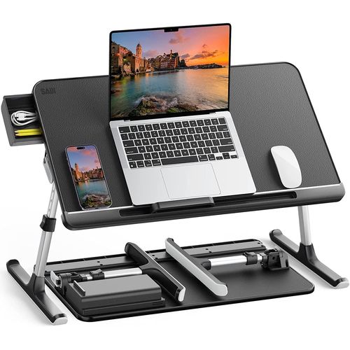 Table De Lit Pour Ordinateur Portable Pliante Réglable En Cuir Pvc Avec Tiroir De Rangement Déflecteur En Silicone Amovible Pour Lit, Canapé, Sol ¿Noir¿[Pou6266387]