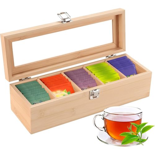 Kgabery-Boite The Bois,Boîte À Thé En Bambou,Boite À Tisane,Boite Rangement Bois Compartiment,Boite Rangement Bambou,Boite De Rangement Bois Avec 5 Compartiments Pour Le Salon,Le Bureau 30 * 10 * 9cm