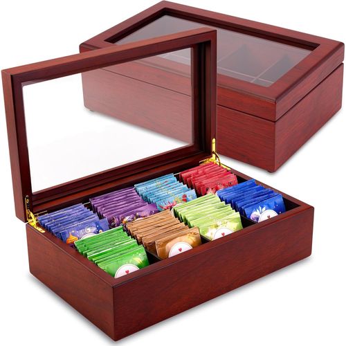 KGABERY-Premier Collection Boîte À Thé En Bois Avec 8 Compartiments Réglables Et Fenêtre Résistante Aux Rayures