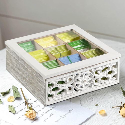 Kgabery-Boîte À Thé Vintage-Boîte De Rangement En Bois-Boîte À Sachets De Thé Avec Fenêtre De Visualisation-9 Compartiments-Blanc Shabby-Distributeur De Sachets De Thé-Cadeau Pour Elle