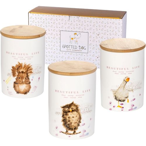Kgabery-Boîtes Alimentaires Hermétiques En Céramique,Lot De 3 Bocaux Rangement Cuisine,Pot Alimentaire Avec Couvercle Pour Thé,Café Et Sucre 1200 Ml-Écureuil Hibou Oie