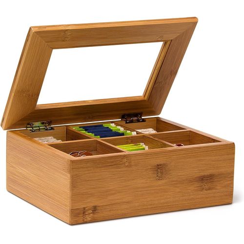 Kgabery-Boîte À Thé En Bambou 6 Compartiments Coffret Sachets Thé Vrac Hxlxp : 9x22x16 Cm Fenêtre Transparente,Nature