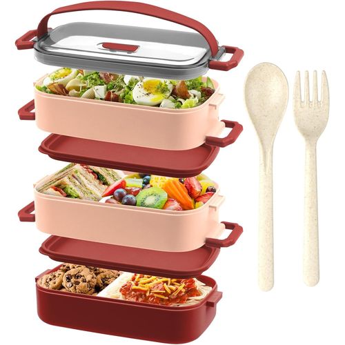 Kgabery-Lunch Box 3 Couches-2200ml Boîtes Bento Pour Adulte Et Enfant,Avec Couverts Et 3pcs Compartimentée Réglables,Sans Bpa,Passe Au Micro-Onde,Résistant À La Fuite,19.5x11.2x15cm,Rouge