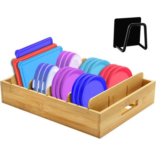 Kgabery-Range Couvercle En Bambou,Poêles&boites Alimentaire De Avec 5 Séparateurs Réglables Et Un Égouttoir À Éponge,Boîte De Rangement En Bambou Pour Cuisine,Salle De Bain,Chambre