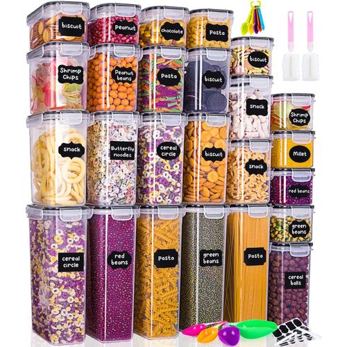 KGABERY-Lot De 25 Boite Rangement Cuisine,Boite Alimentaire Hermétique En Plastique,Boites Conservation Avec Couvercle Hermétique,Étiquettes,Cuillère,Pinceau,Conservation Des Aliments Pour Farine,Cer