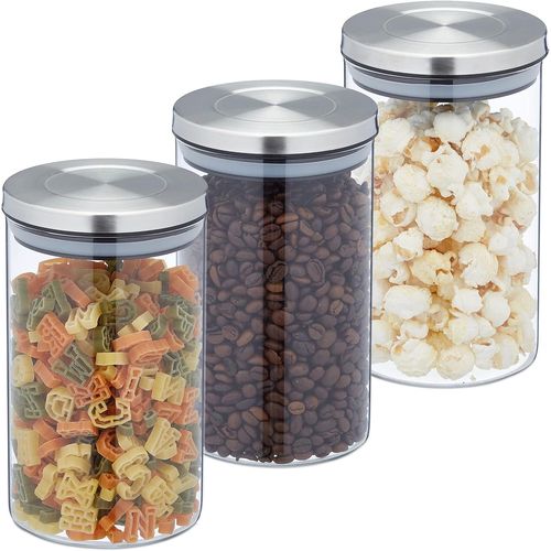 KGABERY-Lot De 3 Bocaux En Verre,Volume 800 Ml,Couvercle Inox,Bocal Conservation,Céréales,Pâtes,Riz,Transparent