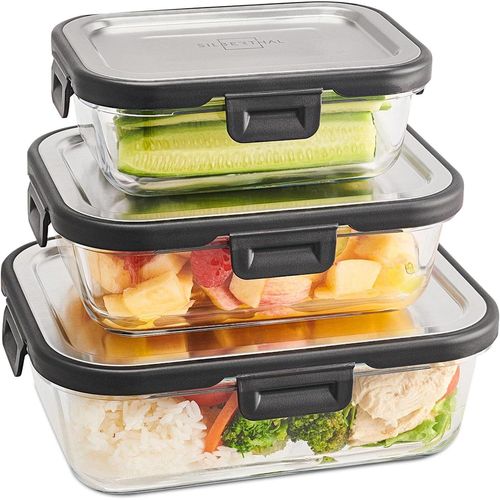 KGABERY-Lot De 3 Boîtes Repas En Verre Avec Couvercle En Inox-Hermétique-370,640,1040 Ml-Set De Lunch Box