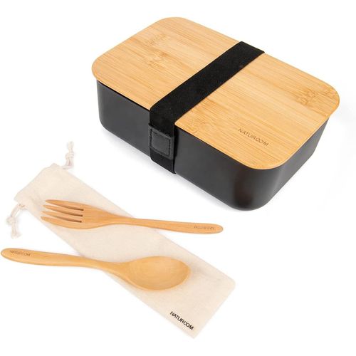 Kgabery-Boîte À Déjeuner Bento Pour Adultes/Enfants,Comprend 1 Récipient Alimentaire Avec 1 Séparateur,1 Couverts En Bois (1 Fourchette Et 1 Cuillère) Avec 1 Sac En Coton Et 1 Couvercle En Bambou