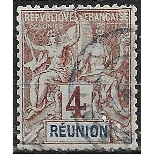 La Réunion, Colonie Française 1892, Beau Timbre Classique Yvert 34, Type Sage "Colonies" 4c. Lilas Brun Sur Gris, Oblitéré, Tbe.