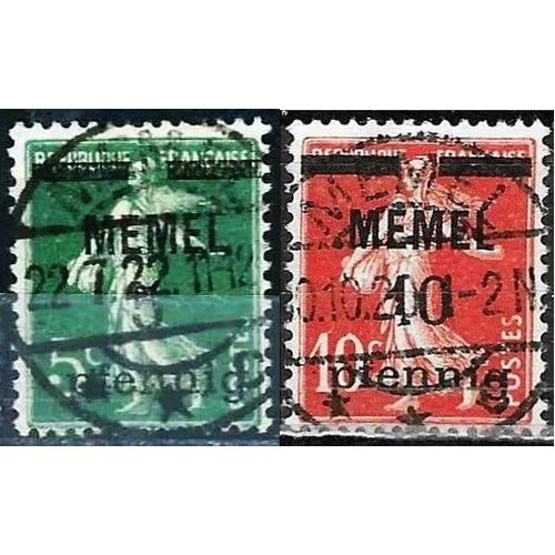 Lituanie, Enclave De Memel Sous Protectorat Français 1920, Beaux Timbres Yvert 18 Et 19, Type Semeuse 5c. Vert Et 10c. Rouge Brique Surchargés "Memel 5" Et Nouvelle Valeur En Pfennig, Oblitérés, Tbe