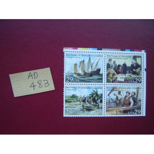Ad 483 // Bloc De 4 Timbres Neuf Usa 1992 ** Christophe Colomb " 500 Éme Anniversaire Découverte Amérique