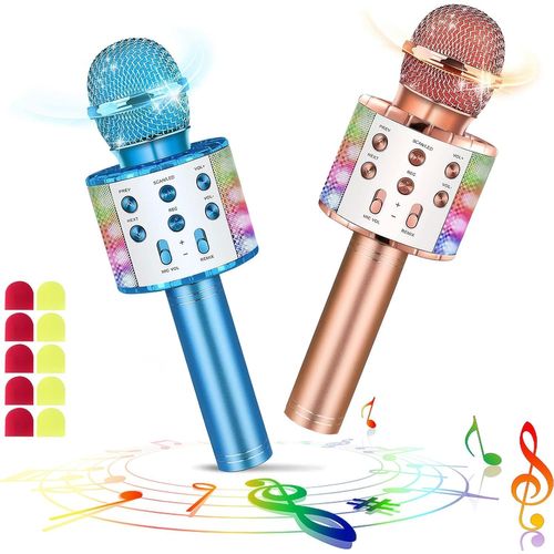 Clicksell-Microphone De Karphone Bluetooth Sans Fil Avec Des Lumières Led Portables Chant De La Machine De Haut-Parleur Karaoké Toys Pour Enfants Adultes (Bleu+Champagne, 10 Housses De Microphone Jet
