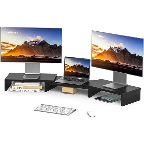 CLICKSELL-RFIVER Support PC Double TV Riser Support Moniteur Ordinateur Bureau Organiseur 3 Etagère en Bois Noir L840 x W235 x H95 mm Paquet de 3