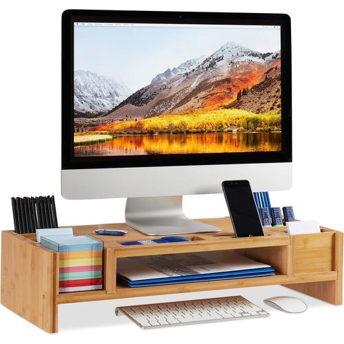 CLICKSELL-relaxdays moniteur, Support d¿écran bambou, 14 compartiments, Rehausseur ergonomique, HLP 15x65x28cm, naturel, 15 x 65 x 28 cm