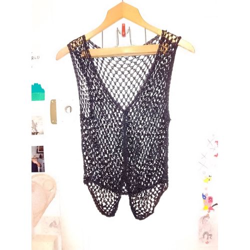 Gilet Sans Manches En Crochet Et Perles Noires 34 Xs Vintage Années 90.