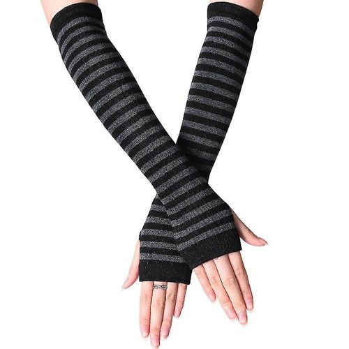 Mitaines Chauffe-Bras Pour Femmes, Gants Rayés Sans Doigts, Longs, Noirs Et Gris Foncé