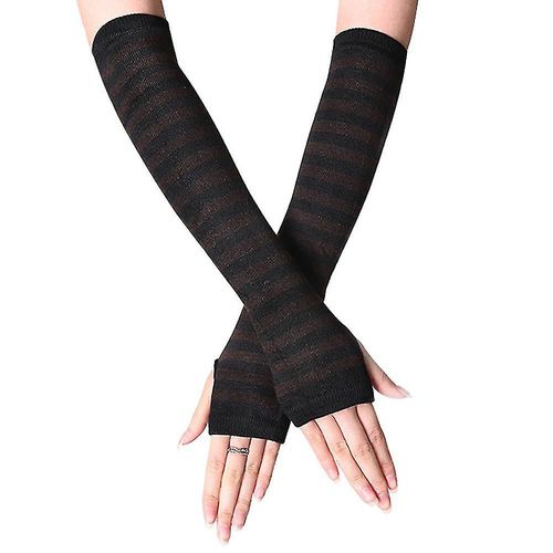 Mitaines Chauffe-Bras Pour Femmes, Gants Rayés Sans Doigts, Longs, Noirs Et Marron