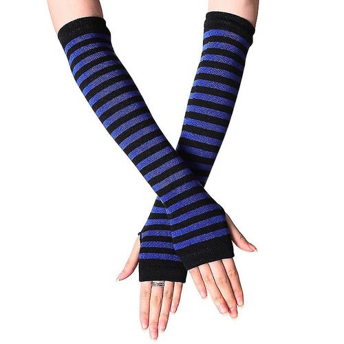 Mitaines Chauffe-Bras Pour Femmes, Gants Rayés Sans Doigts, Longs, Noirs Et Bleus