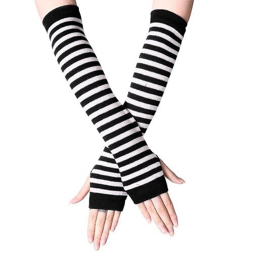 Mitaines Chauffe-Bras Pour Femmes, Gants Rayés Sans Doigts, Longs, Blancs Et Noirs