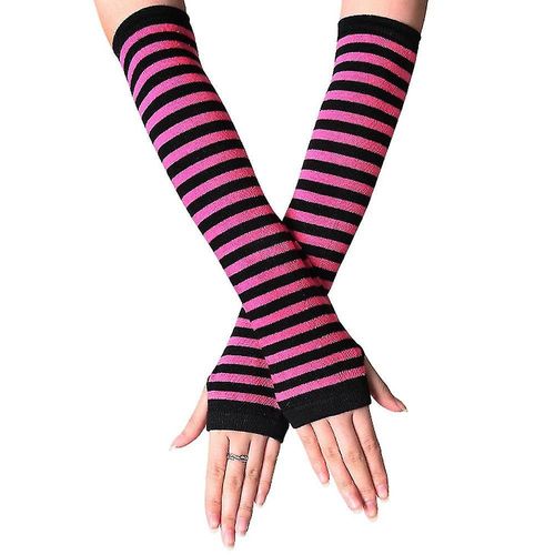Mitaines Chauffe-Bras Pour Femmes, Gants Rayés Sans Doigts, Longs, Noirs Et Roses Rouges