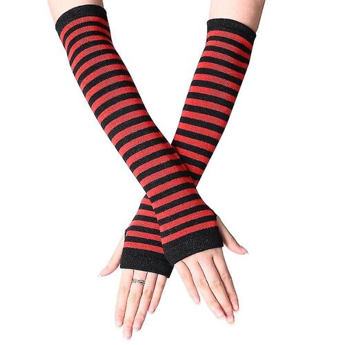 Mitaines Chauffe-Bras Pour Femmes, Gants Rayés Sans Doigts, Longs, Noirs Et Rouges