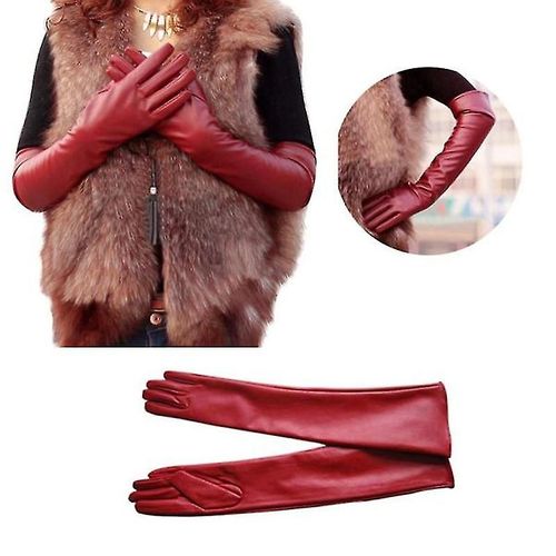 Gants Longs En Cuir Pour Femmes, Doigts Complets, Chauffe-Coude D'hiver, Gants D'opéra, 50cm, Rouge