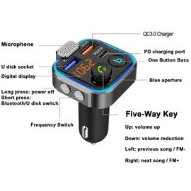 Acheter Transmetteur FM Bluetooth 5.0 pour voiture, chargeur rapide USB,  appel mains libres avec lumière ambiante, lecteur de musique disque U,  chargeur PD20W
