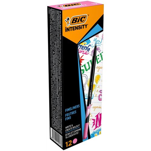 Bic Lot De 12 Stylos Feutre Fineliner Intensity Pointe Baguée Métal Fine 0,4mm Rose