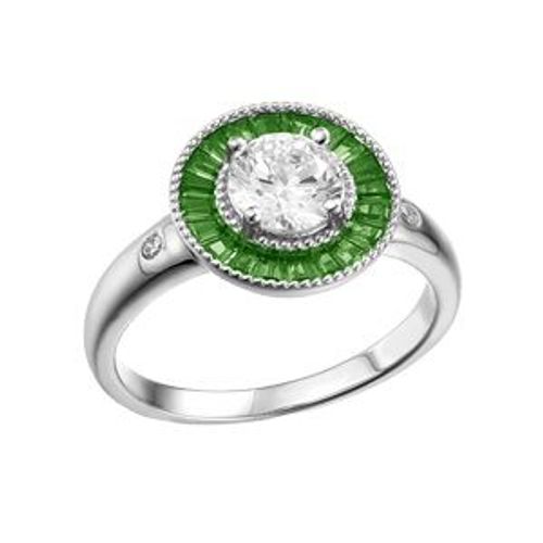 Bague Argent Rhodié Ronde Centre Oxyde Blanc Et Contour Oxydes Rectangulaires Verts