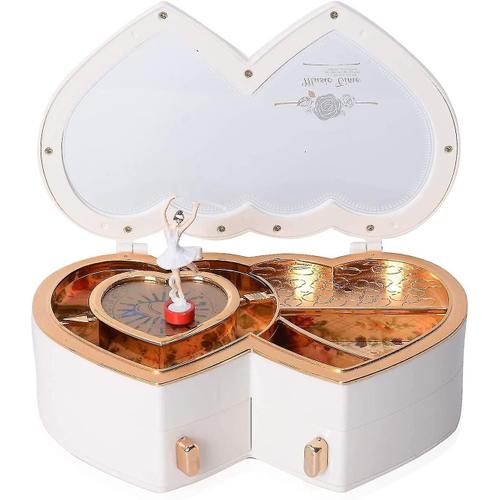 Boîte-cadeau de bijoux de voyage de ballet de musique en forme de double coeur blanc avec danseuse magnétique détachable (8,5 pouces x 3 pouces) - Danseur