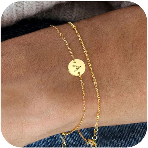 Bracelet Or Avec Initiales Femme Fantaisie Plaqué Or 14 Carats Fin Chaîne Lot Bracelet Lettres A-Z Réglables Double Gourmette Bijoux Idee Cadeau Personnalisé Pour Femmes Et Filles Enfant.[J118]
