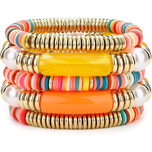 Bracelets Bohèmes Pour Femmes Dame Multicolores Bracelets Élastiques À Perles Empilables Bracelet D'été Ensemble De 5,Couleurs Vives Bracelet Rose/Orange/Blanc.[J414]