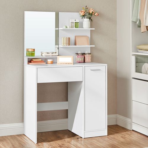 Coiffeuse, Avec Miroir Avec Étagères, 1 Tiroir, 1 Porte Avec 2 Étagères, Blanc, 80 X 40 X 132 Cm, Sans Tabouret