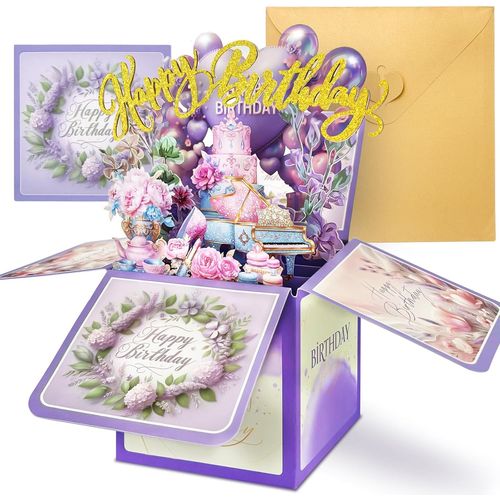 Carte Anniversaire Femme-Exquise Violet Carte Anniversaire avec Pop Up Beau Fleurs et Gâteau- Pour Maman Mamie Femme Petite Amie Tante Fille-Carte de Joyeux Anniversaire avec Enveloppe