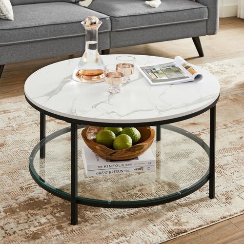 Table Basse, Support En Verre Trempé, Facile À Assembler, Blanc Marbré Et Noir